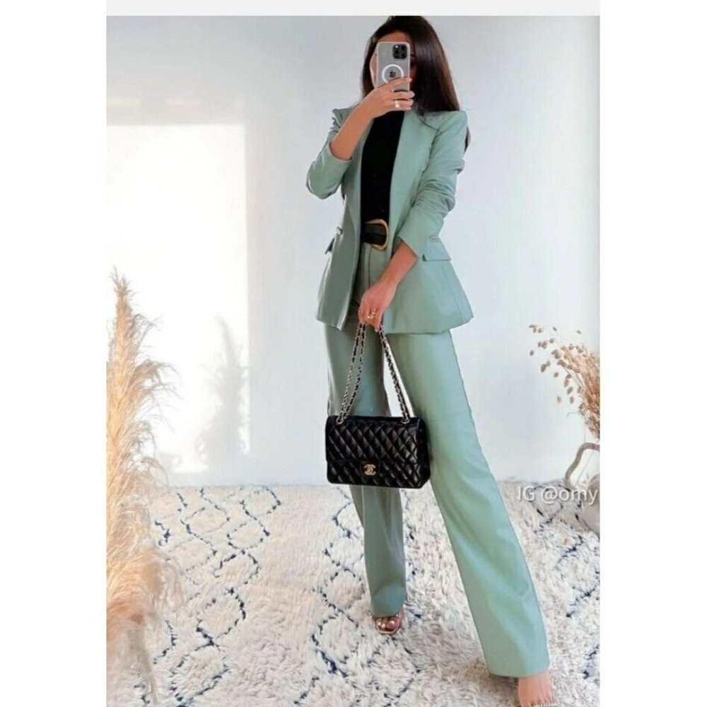 Set ZARA WOMAN FAUX LEATHER STRAIGHT LEG PANTS BLAZER SEA GREEN | 9640/023 XS - Picture 2 of 7